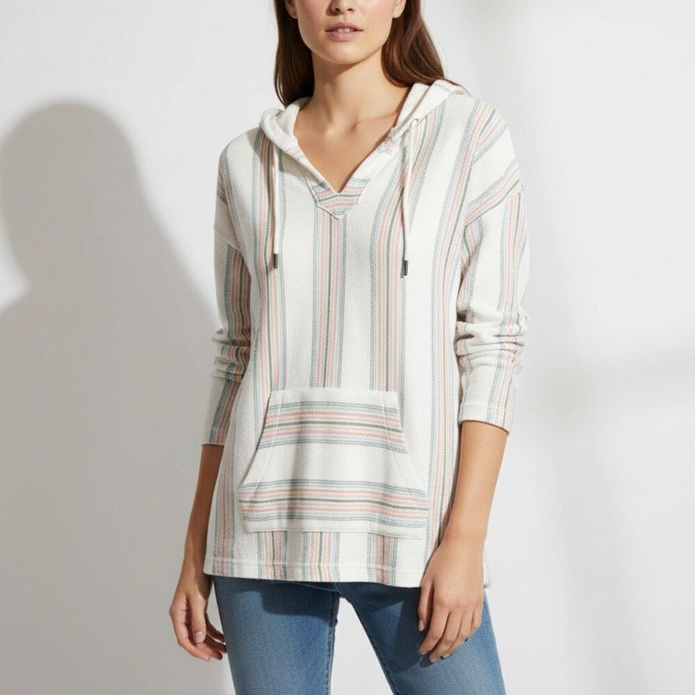 ROXY M Cream Peach Striped Breathable Terry Cloth Hoodie Shirt Boardwalk Preppy